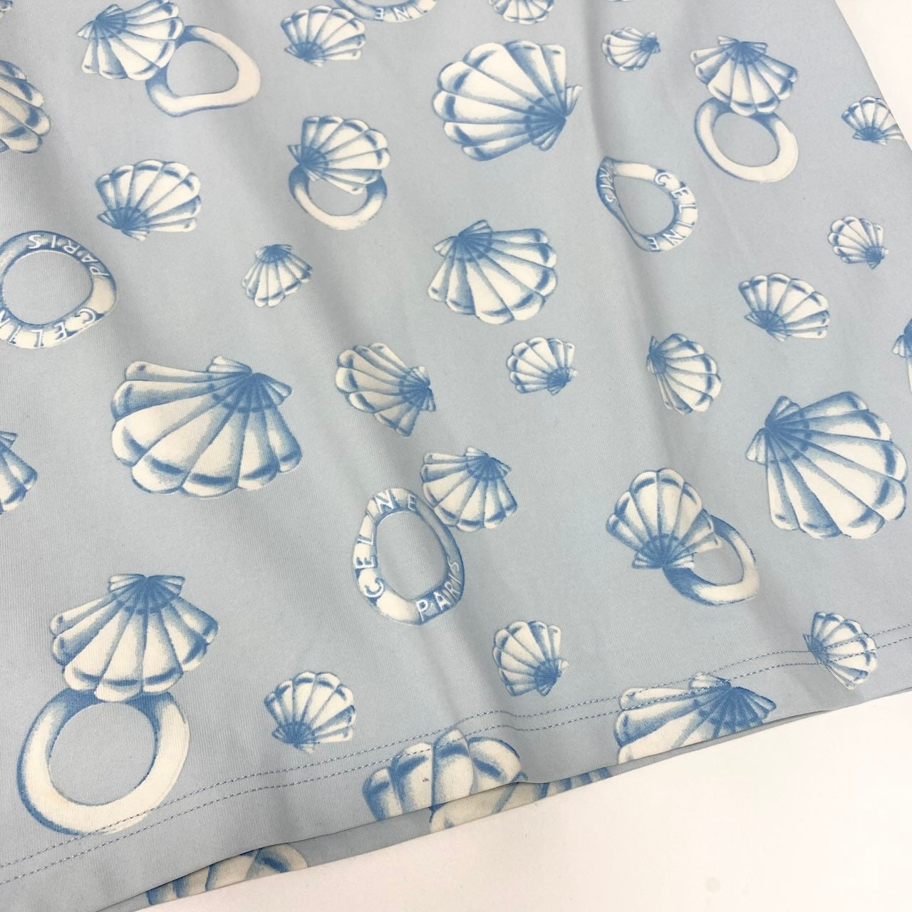 Ic30  CELINE セリーヌ マリン柄 半袖Tシャツ クルーネック カットソー 総柄 伸縮ストレッチ レディース 女性服 ライトブルーu02t