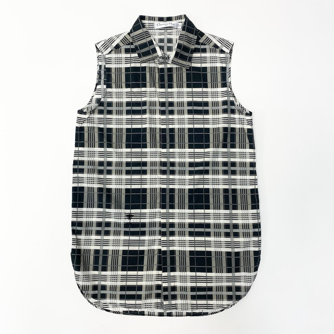 2c29 Christian Dior クリスチャンディオール ノースリーブシャツ シャツブラウス チェック柄 ブランドロゴ刺繍 8C21540L1378 40サイズ ブラック ホワイト コットン100％ レディース 女性用o07t