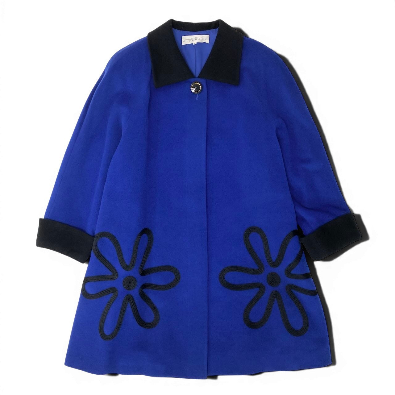48e28 GIVENCHY ジバンシー ステンカラーコート ウールコート 花柄刺繡 バイカラー カシミア混 大きいサイズ 15 ブルー ブラック レディース 女性服o07t