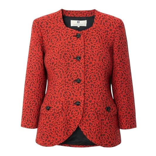Id23 GIVENCHY ジバンシー ノーカラージャケット ロングジャケット 総柄 立体刺繍 ロゴボタン サイズ42 レッド レディース 女性用u02t
