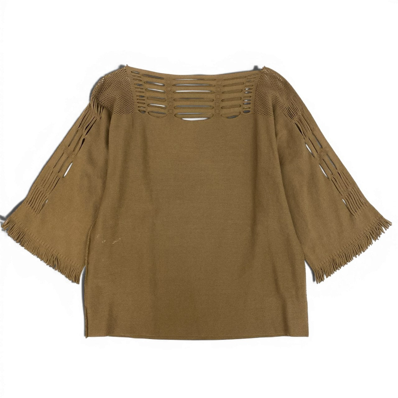 Aa29 ISSEY MIYAKE イッセイミヤケ A.POC INSIDE カットワーク ニットカットソー Tシャツ トップス フリンジ IM33KK322 サイズ2 ベージュ レディースu02t