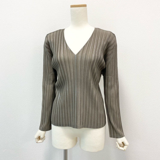 5i12 PLEATS PLEASE ISSEY MIYAKE プリーツプリーズ イッセイミヤケ 日本製 ラメ加工 Vネック 長袖プリーツカットソー トップス PP03-FK353 3 ブラウン系 レディースo07t
