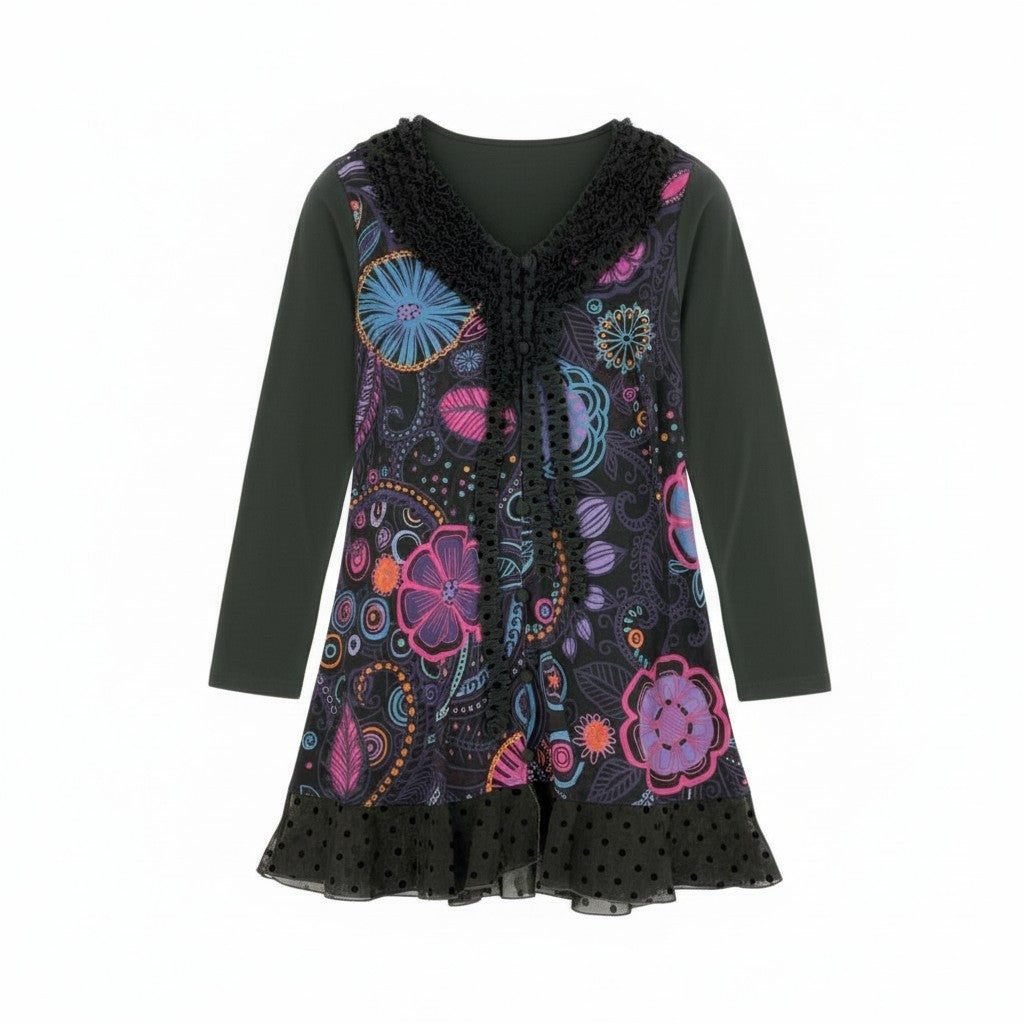 76k21《美品》 TOKUKO 1er VOL トクコプルミエヴォル ロングカーディガン 長袖 フリル装飾 花柄プリント 水玉 ドット柄 レディース 女性用 9 ブラウンu02t