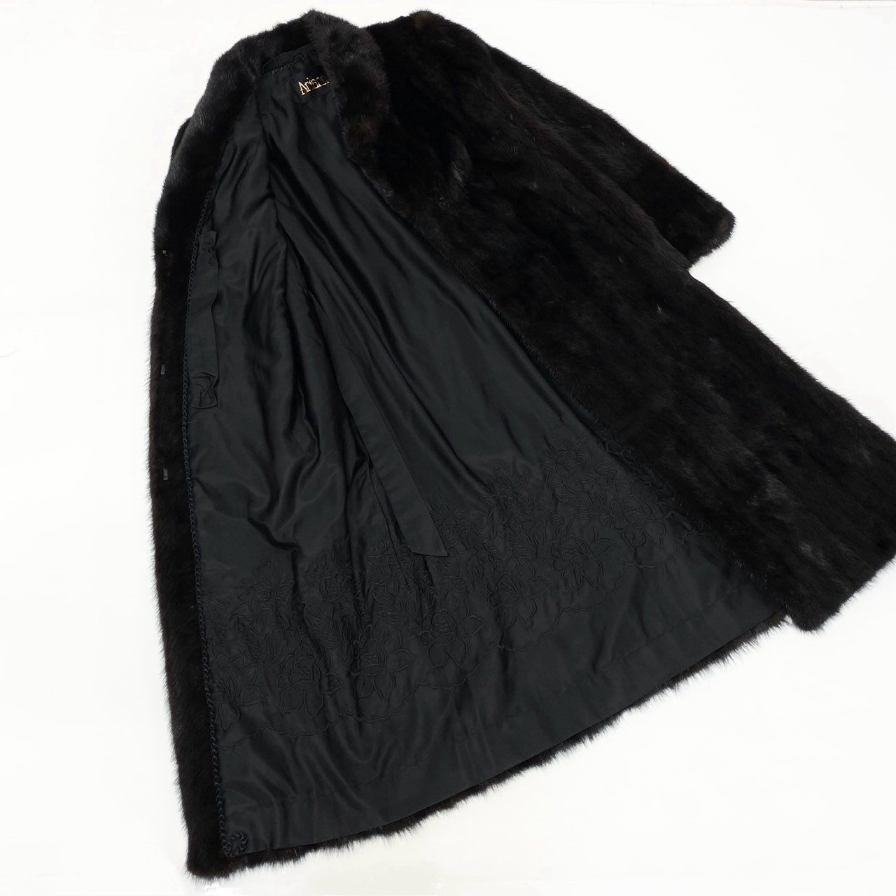 39k1 Arianna アリアンナ マホガニーミンク 110cm 超ロングコート 13 L相当 ダークブラウン 本毛皮 最高級 リアルファー MINK FUR 裏地花柄刺繍t18r