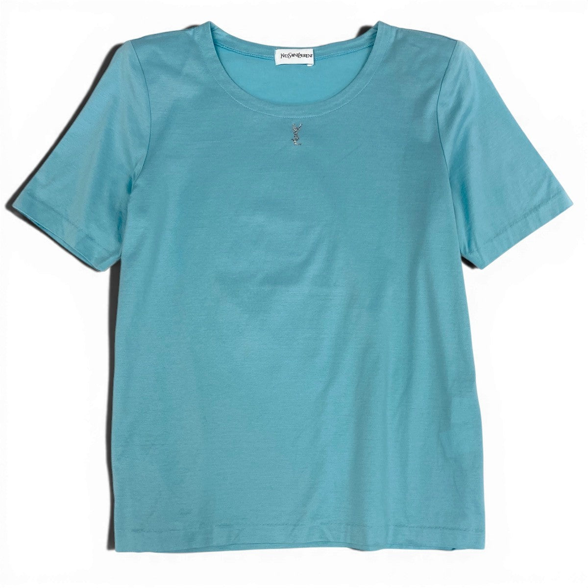 Ig16 YVES SAINT LAURENT イヴサンローラン ラインストーンカサンドラロゴ 半袖Tシャツ サイズM ライトブルー コットン100％ レディースu02t