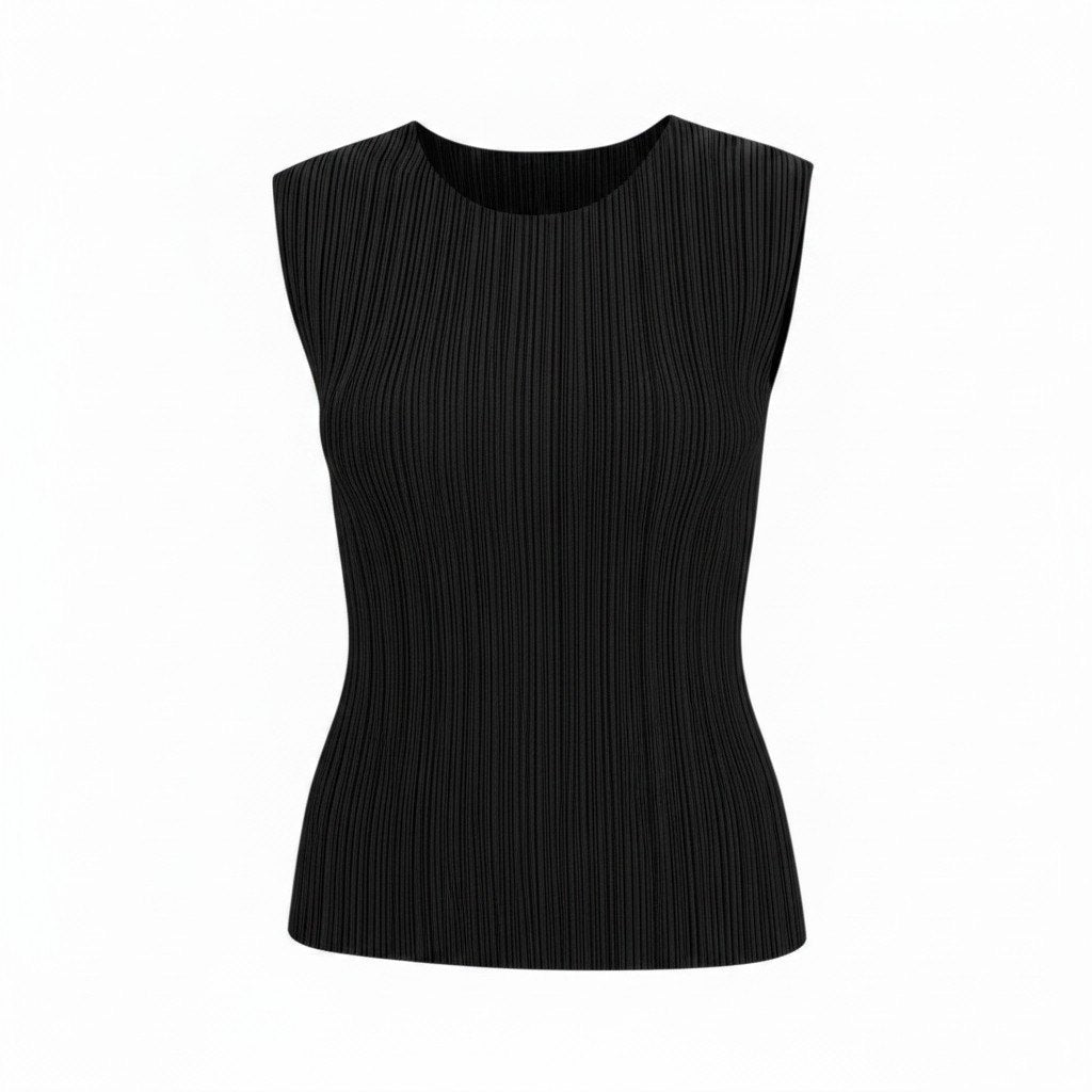 Ah28 PLEATS PLEASE プリーツプリーズ ノースリーブ プリーツカットソー サイズ3 ブラック ポリエステル レディースo07t