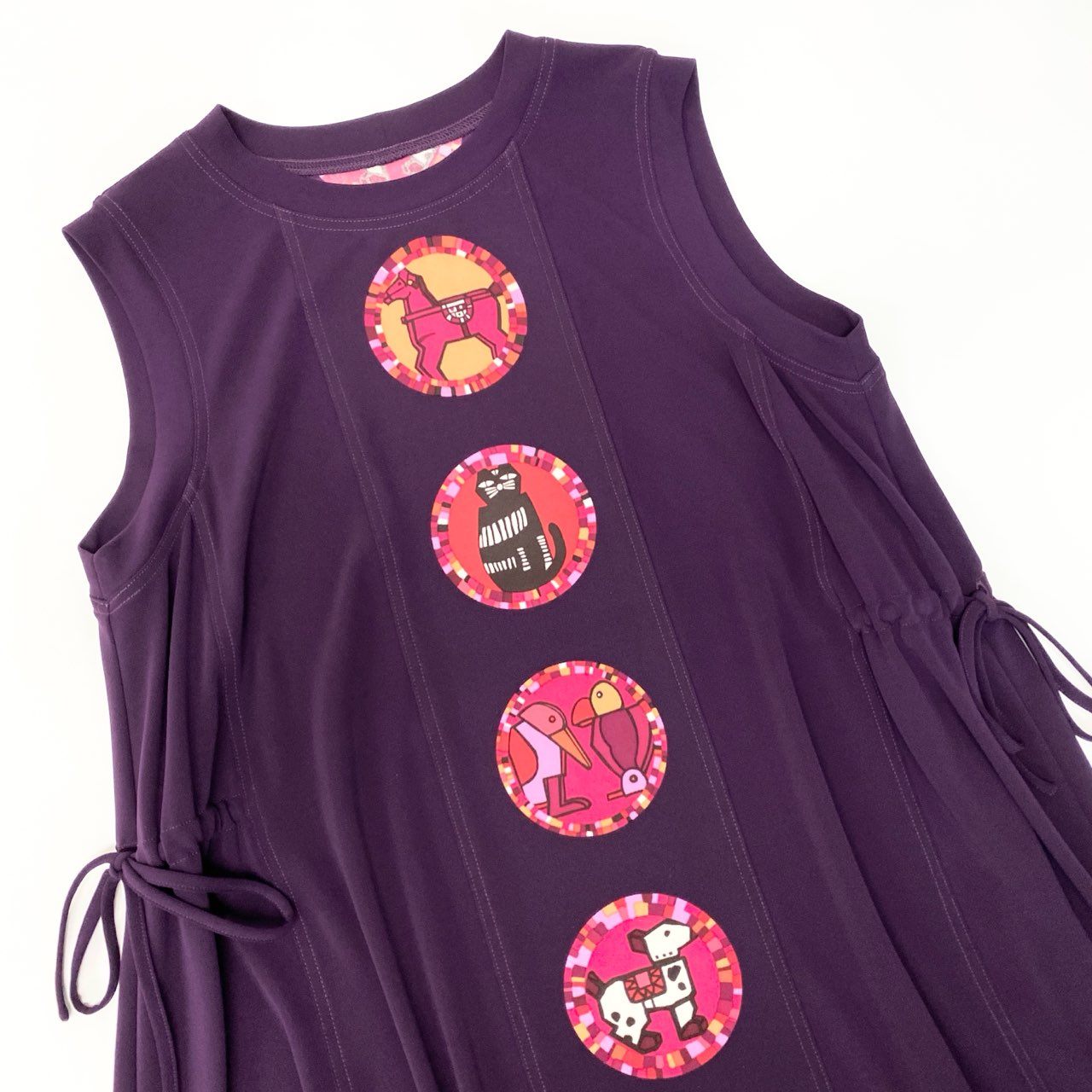 5c10 TOKUKO 1er VOL トクコプルミエヴォル ノースリーブワンピース Aラインワンピース サイドリボン アニマル柄 レディース 女性服 サイズ9 パープルu02t