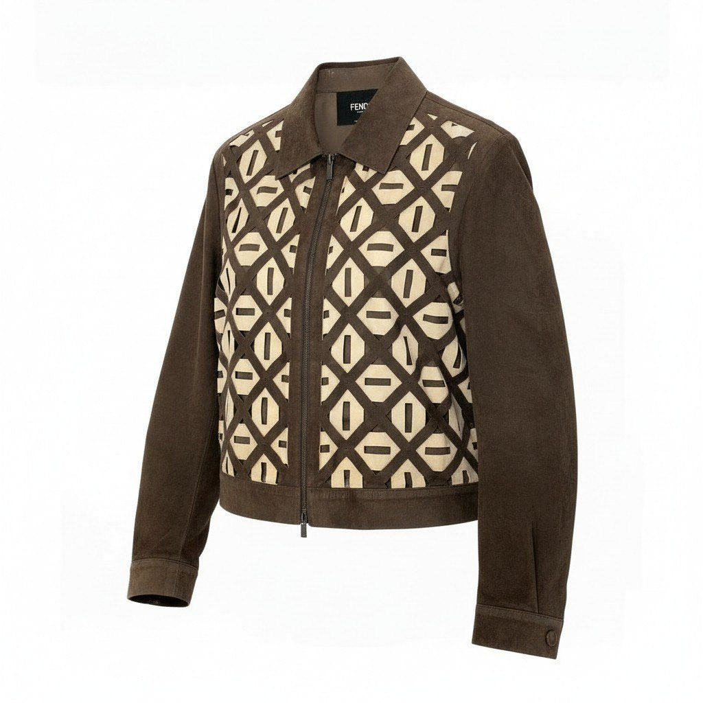 29a9 FENDI フェンディ レザージャケット スウェードレザー 本革 ダブルジップ  サイズ50 ブラウン ベージュ 羊革o07t