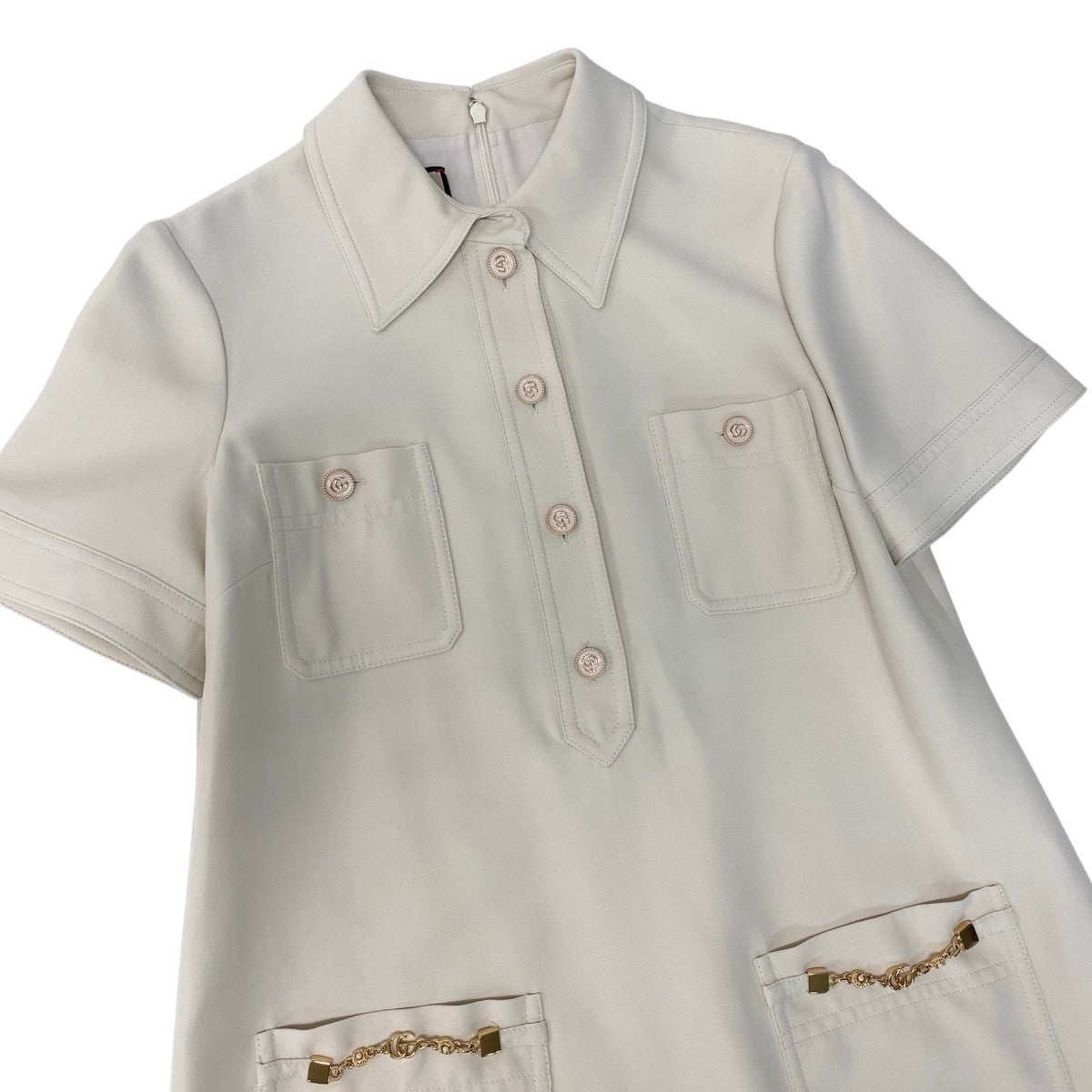 Hf12 【未使用タグ付】 GUCCI グッチ ダブルG チェーン ショートスリーブ ポロワンピース 661672 サイズ40 アイボリー レディース 女性用k02i