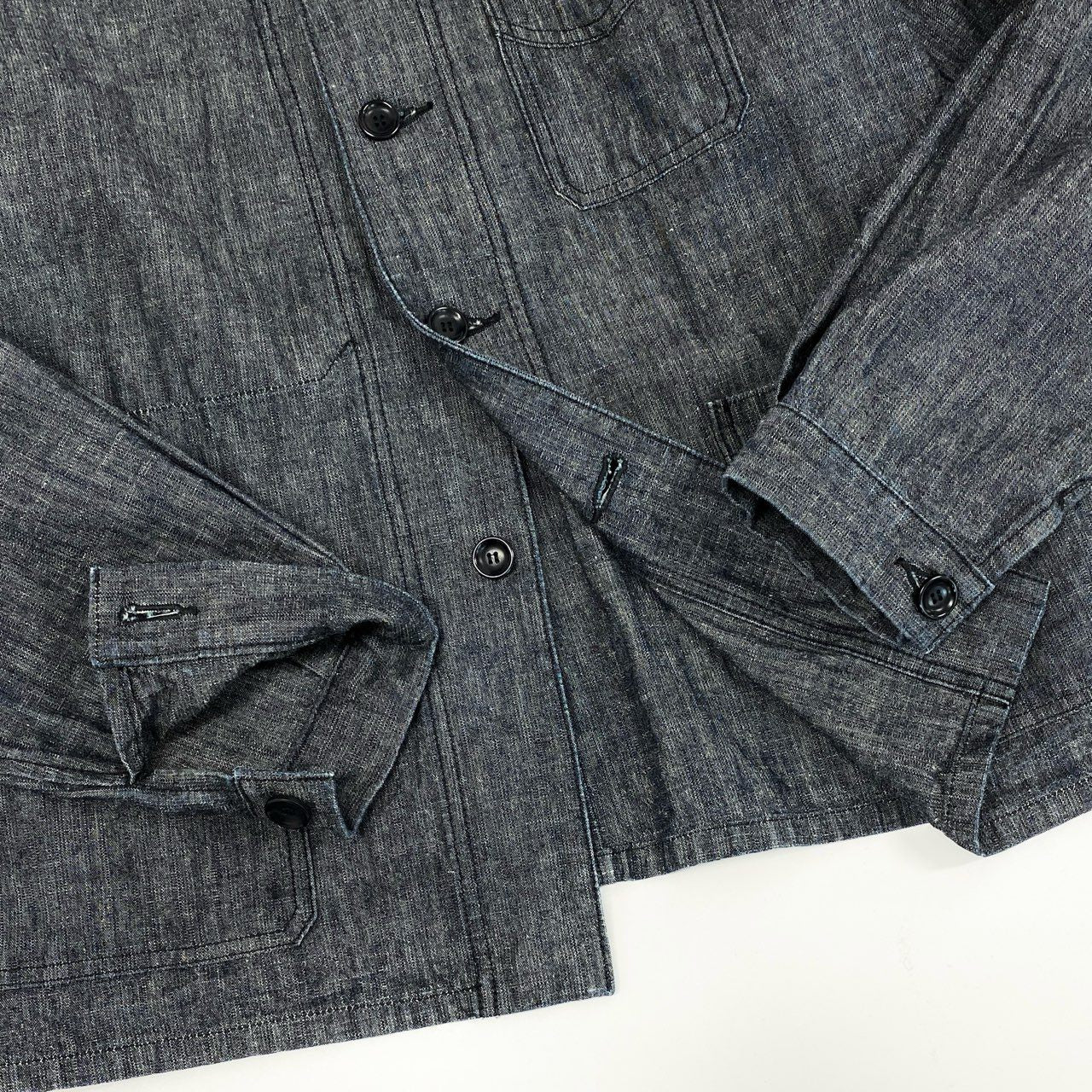 43f25 【美品】BONCOURA ボンクラ フレンチカバーオール コットンリネン ヘビーオンスシャンブレー サイズ36 ネイビー メンズ ワークジャケット