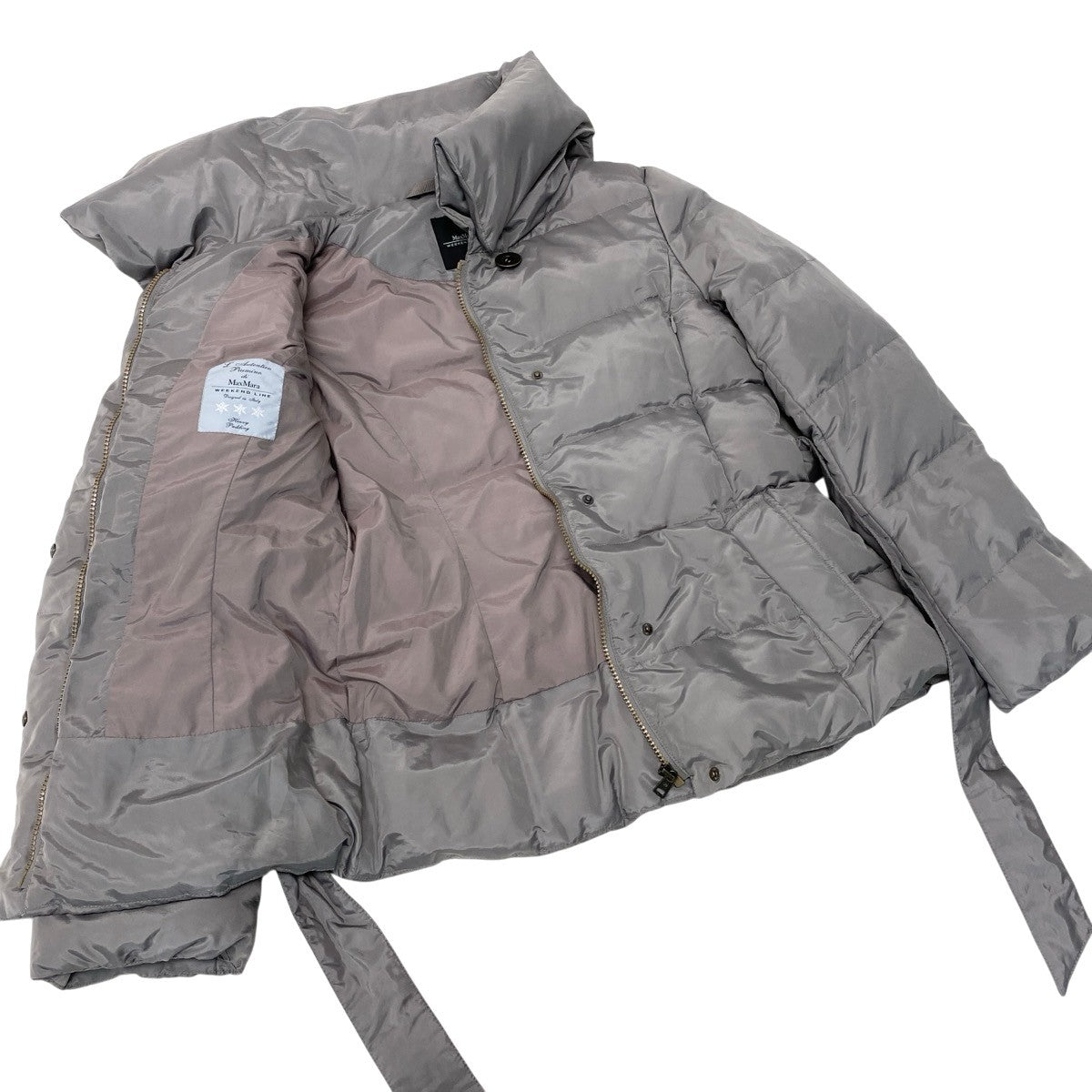 21g16 MaxMara WEEKEND LINE マックスマーラ ダウンジャケット ハーフコート ボリュームネック ベルト付 サイズ38 グレー系 レディース 女性用u02t