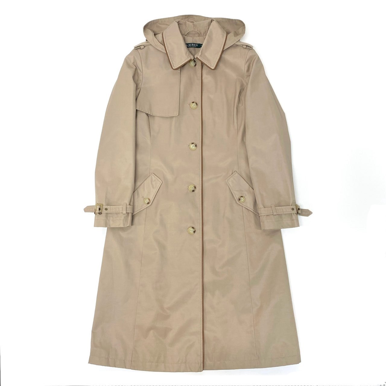 51Ⅼ2 LAUREN RALPH LAUREN ローレン ラルフローレン トレンチコート ロングコート フード取り外し可 2way レザーパイピング 裏地総柄 レディース L  ベージュu02t