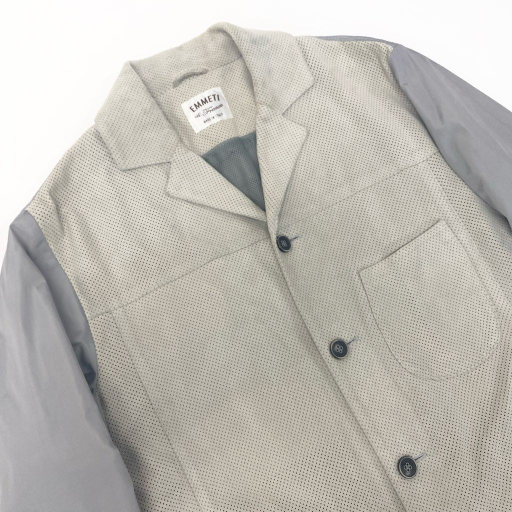 40l25 EMMETI エンメティ パンチングレザー ジャケット シャツ ナイロン 異素材 山羊革 46サイズ アイボリー グレー メンズo07t