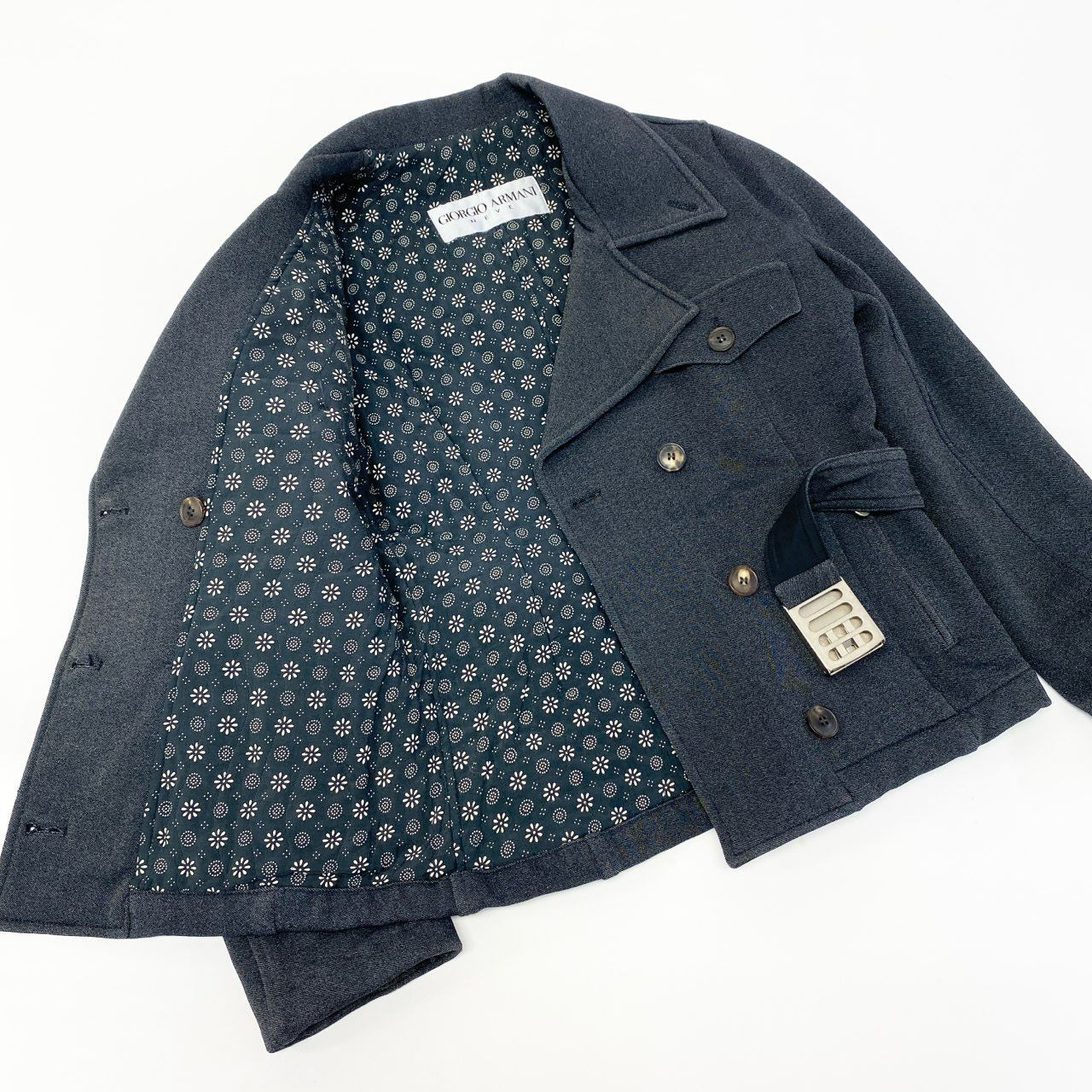 63a28 GIORGIO ARMANI ジョルジオアルマーニ ダブルブレストピーコート ジャケット アウター ウエストベルト 42サイズ ダークネイビー レディースo07t