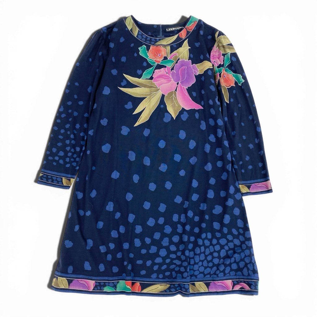 6l25 LEONARD レオナール 長袖チュニック チュニックワンピース クルーネック 美しい花柄プリント Lサイズ ネイビー レディースu02t