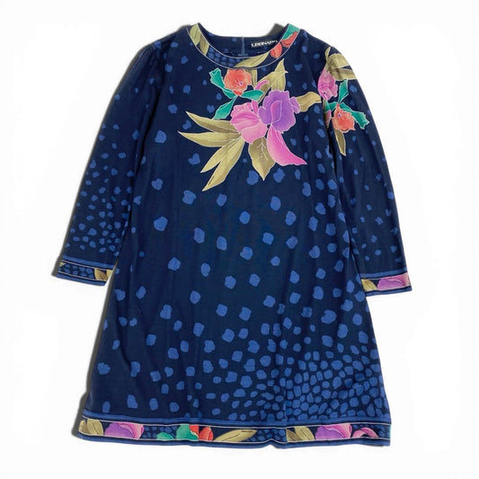 6l25 LEONARD レオナール 長袖チュニック チュニックワンピース クルーネック 美しい花柄プリント Lサイズ ネイビー レディースu02t