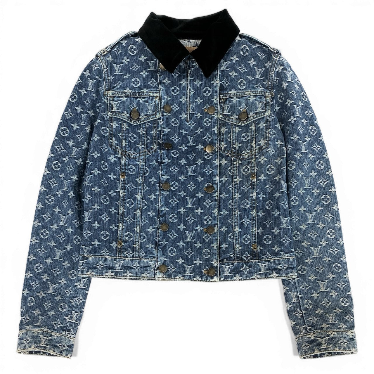 Id7 LOUIS VUITTON ヴィンテージ ルイヴィトン モノグラムジャガード ダブルデニムジャケット サイズ38 インディゴ レディースta1