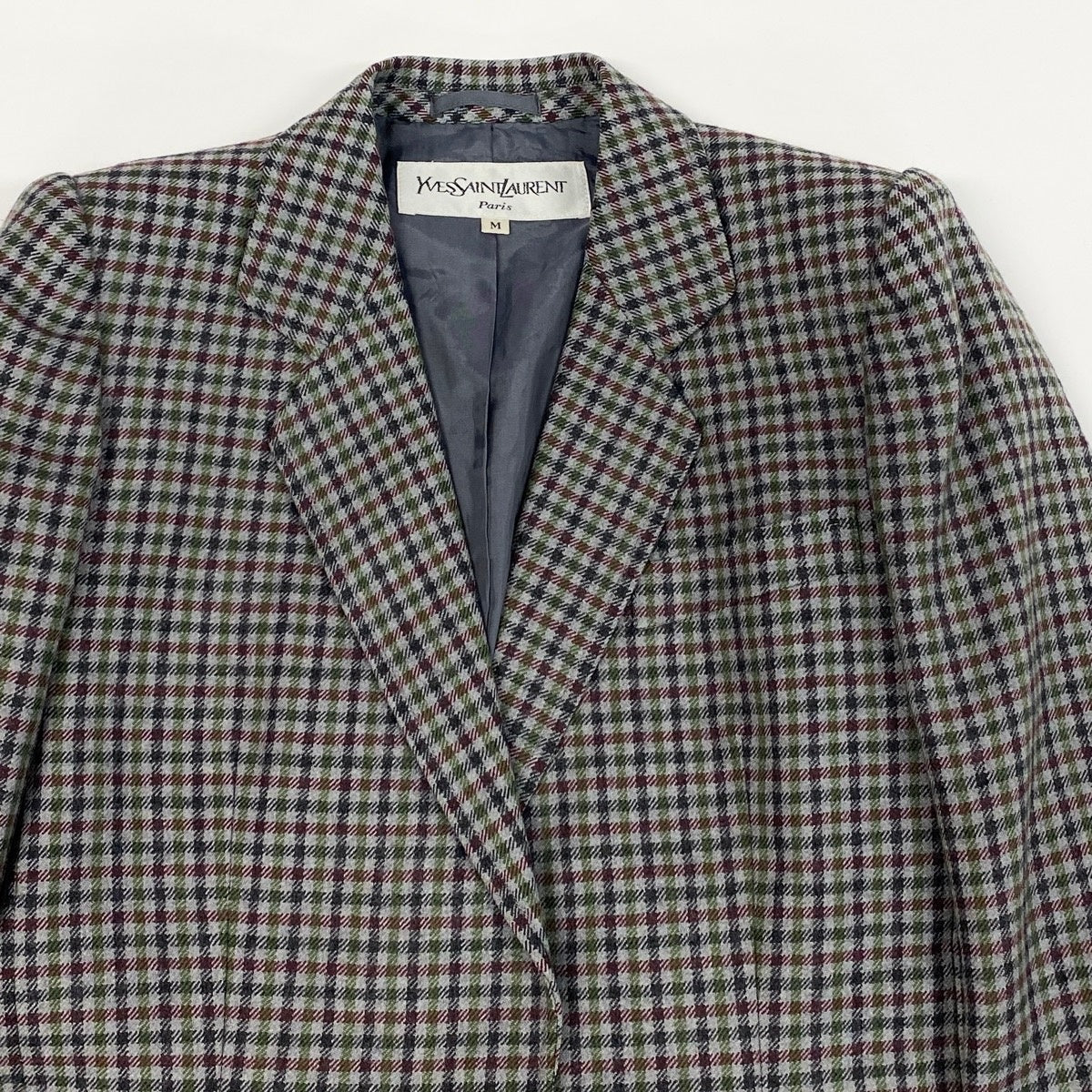 65f2 YVES SAINT LAURENT イヴサンローラン テーラードジャケット シングル 2B チェック柄 サイズM マルチカラー ウール100％ レディース 女性服o07t