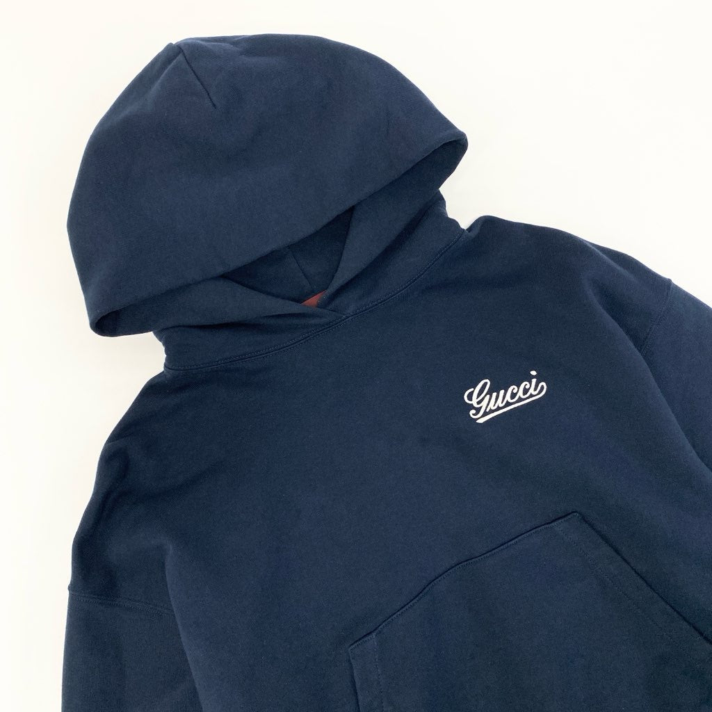 29a9 GUCCI グッチ コットンジャージー フーデット スウェットパーカー 長袖 胸元ロゴ刺繍 レディース 女性用 XS ネイビー コットン100％o07t