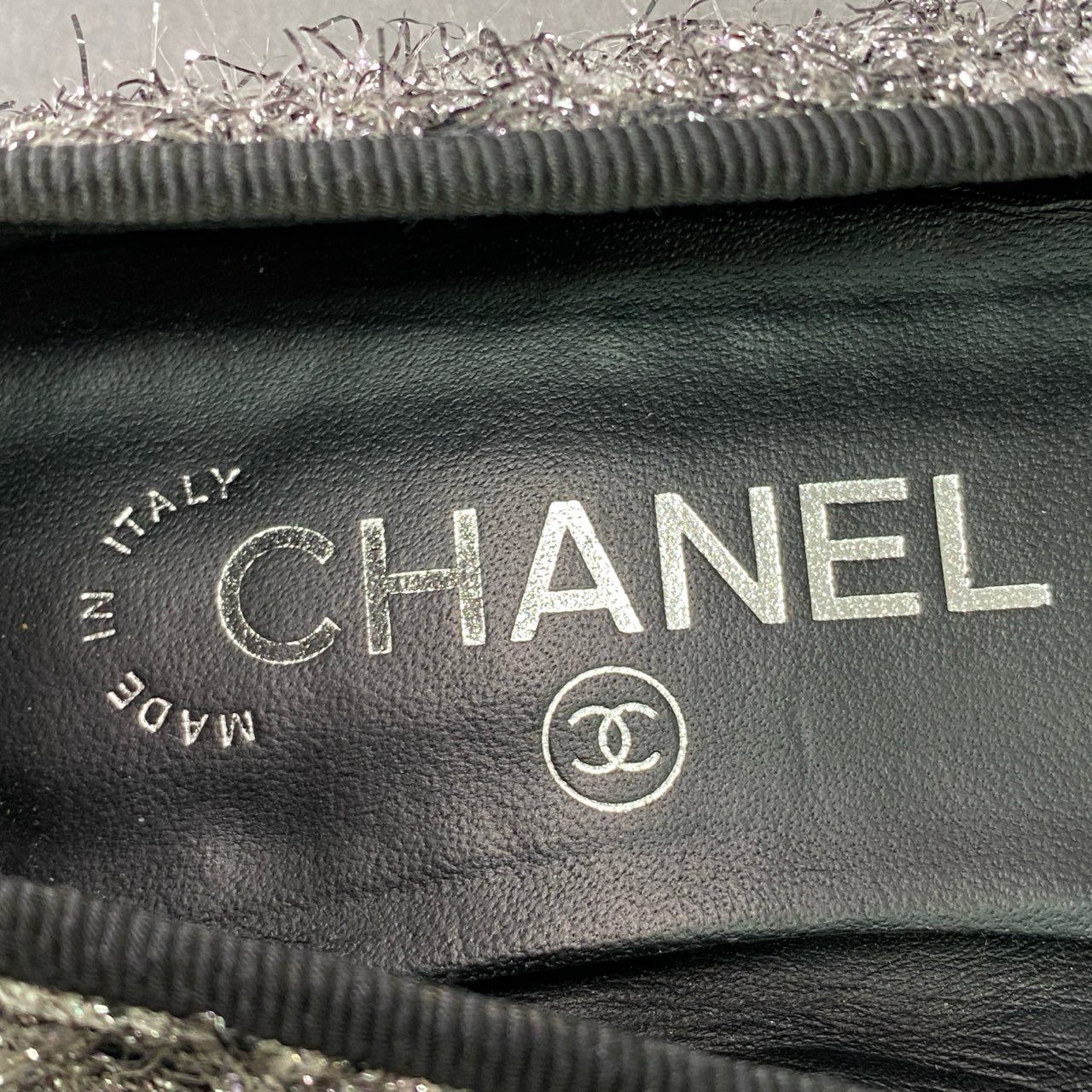 6f8 CHANEL シャネル ココマーク リボンバレエシューズ 36 1/2 シルバー ブラック ラメツイード フラット パンプス