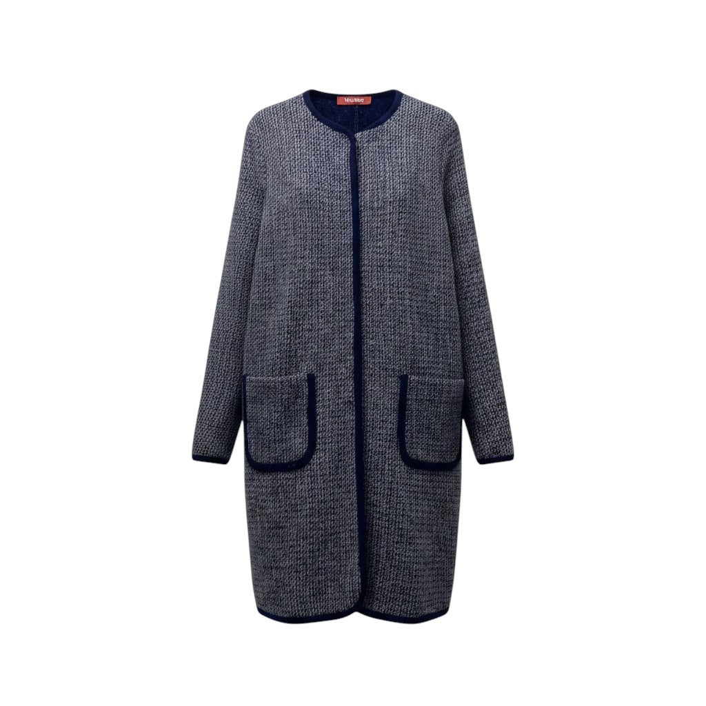 82f16 Max Mara STUDIO マックスマーラ ストゥディオ ノーカラー ウールニットコート 千鳥格子 サイズ40 ネイビー グレー レディース 女性用u02t