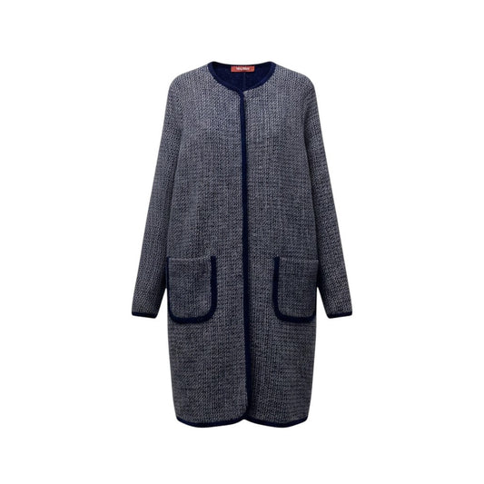 82f16 Max Mara STUDIO マックスマーラ ストゥディオ ノーカラー ウールニットコート 千鳥格子 サイズ40 ネイビー グレー レディース 女性用u02t
