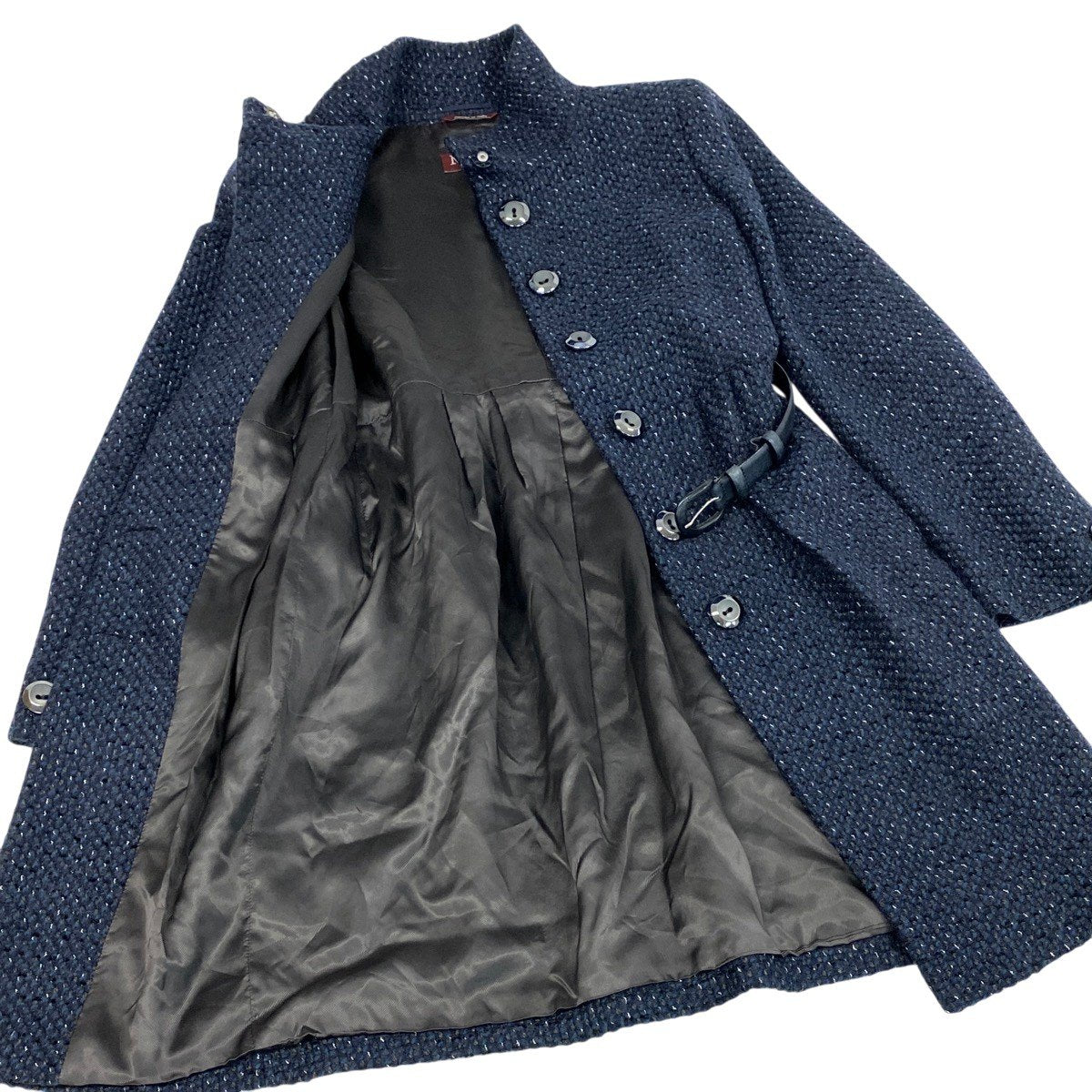 j23 【美品】MaxMara ツイードスタンドカラーコート アウター イタリア製 42サイズ ネイビー レディース 女性用u02t