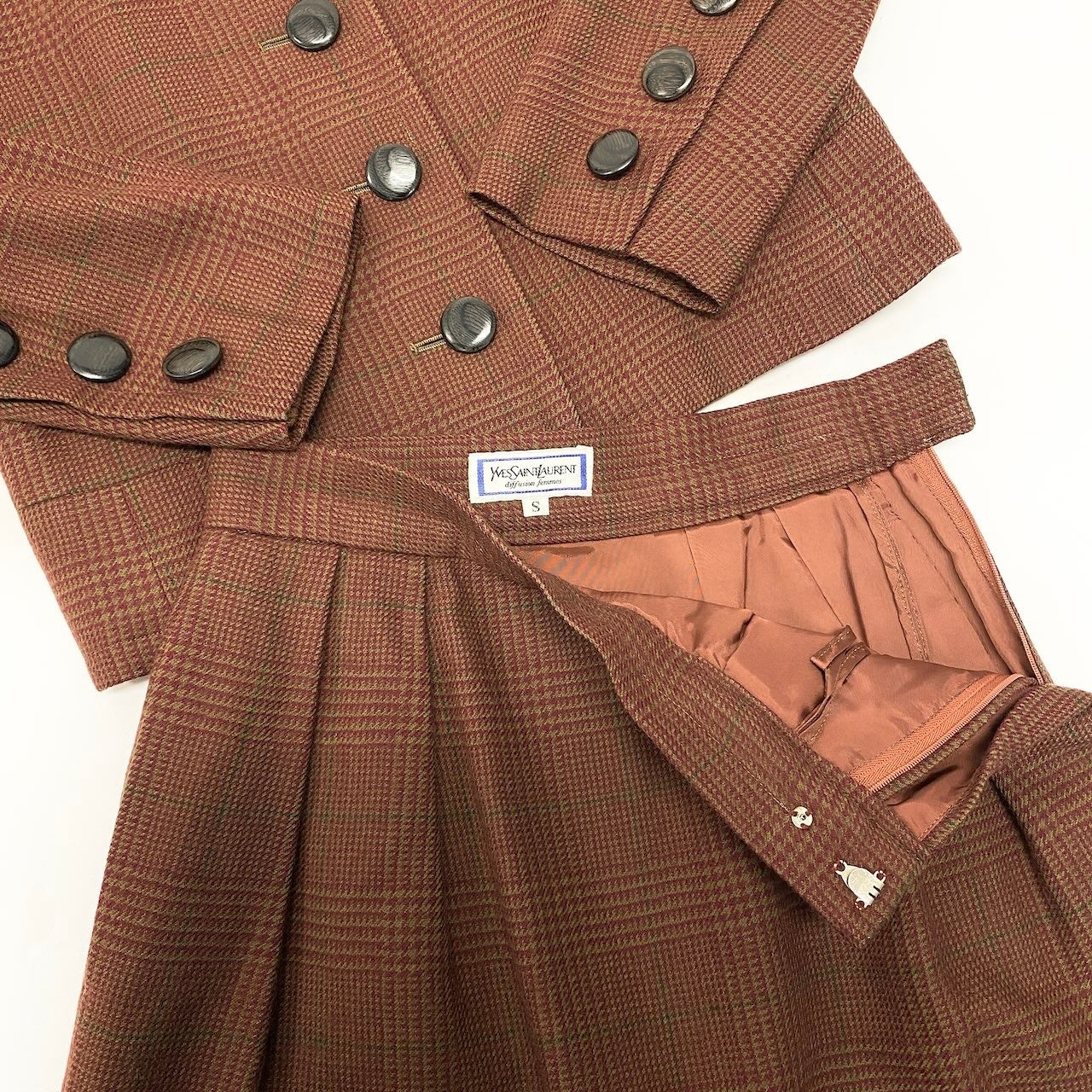 29e7 Yves Saint Laurent イヴサンローラン セットアップ スカートスーツ チェック柄 スタンドカラージャケット 膝丈スカート サイズS ブラウン ウール100％ レディース 女性用u02t