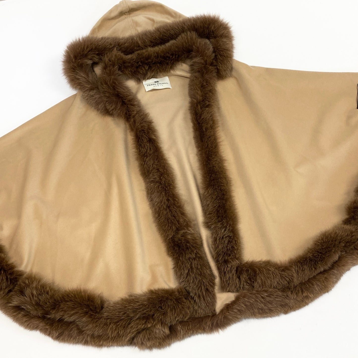 12L15 PIERRE BALMAIN ピエールバルマン カネボウ 総カシミア ポンチョ ケープコート アウター フォックスファー キャメルブラウン カシミア レディース 女性用k02i