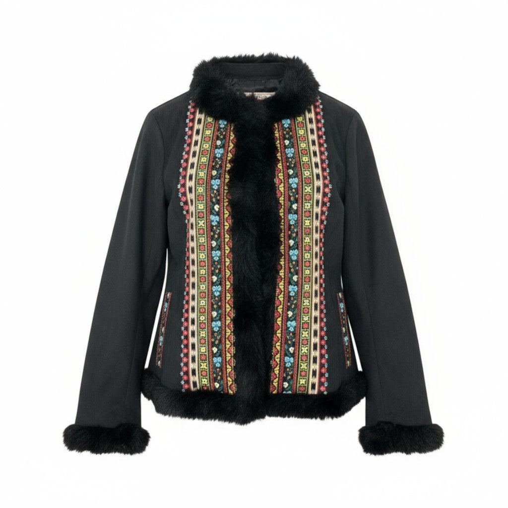 21k14 OLLEBOREBLA オレボレブラ アルベロベロ ノーカラージャケット ファー 花柄刺繍 ビーズ装飾 レディース 女性用 ブラックu02t