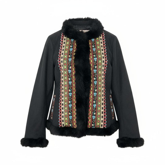 21k14 OLLEBOREBLA オレボレブラ アルベロベロ ノーカラージャケット ファー 花柄刺繍 ビーズ装飾 レディース 女性用 ブラックu02t