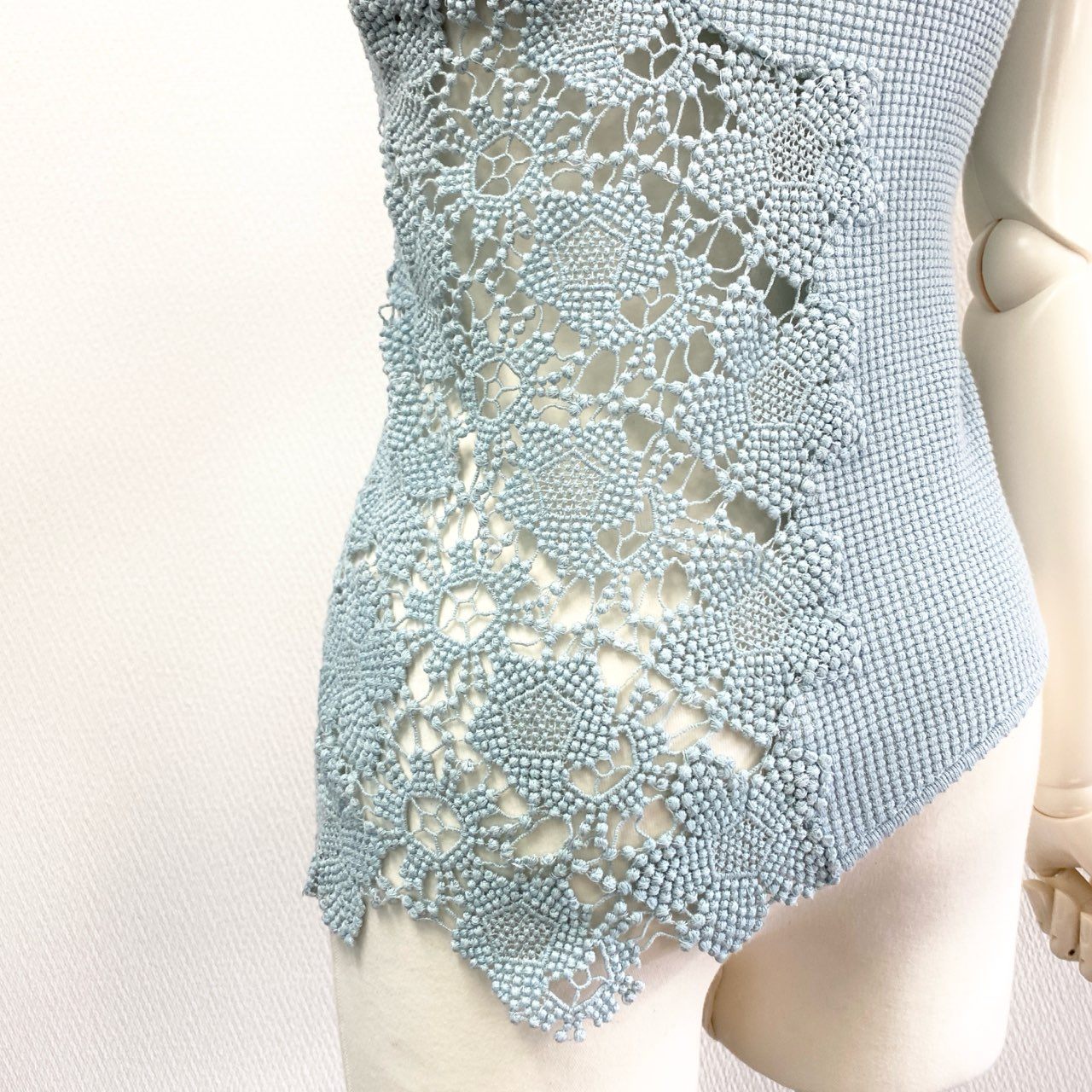 15K18 【美品】CHANEL シャネル 2014SS レース切替 ワッフルカットソー P41341K03047 サイズ34 ブルー系 レディース 女性用 トップスk02i