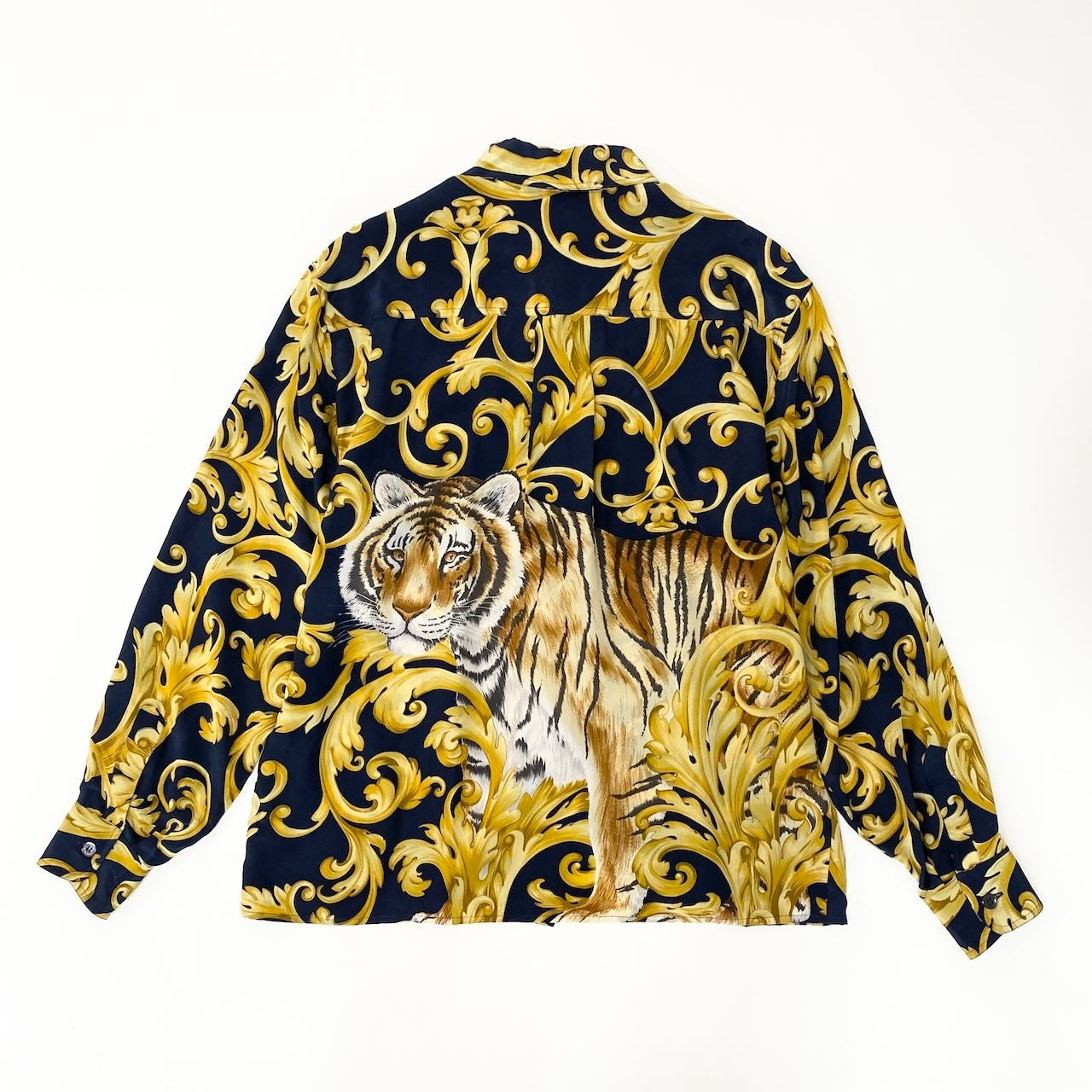 29f15 Salvatore Ferragamo サルヴァトーレフェラガモ ロングスリーブ シルクシャツ アニマル柄 総柄 サイズ42 ネイビー シルク100％ レディース 女性用u02t