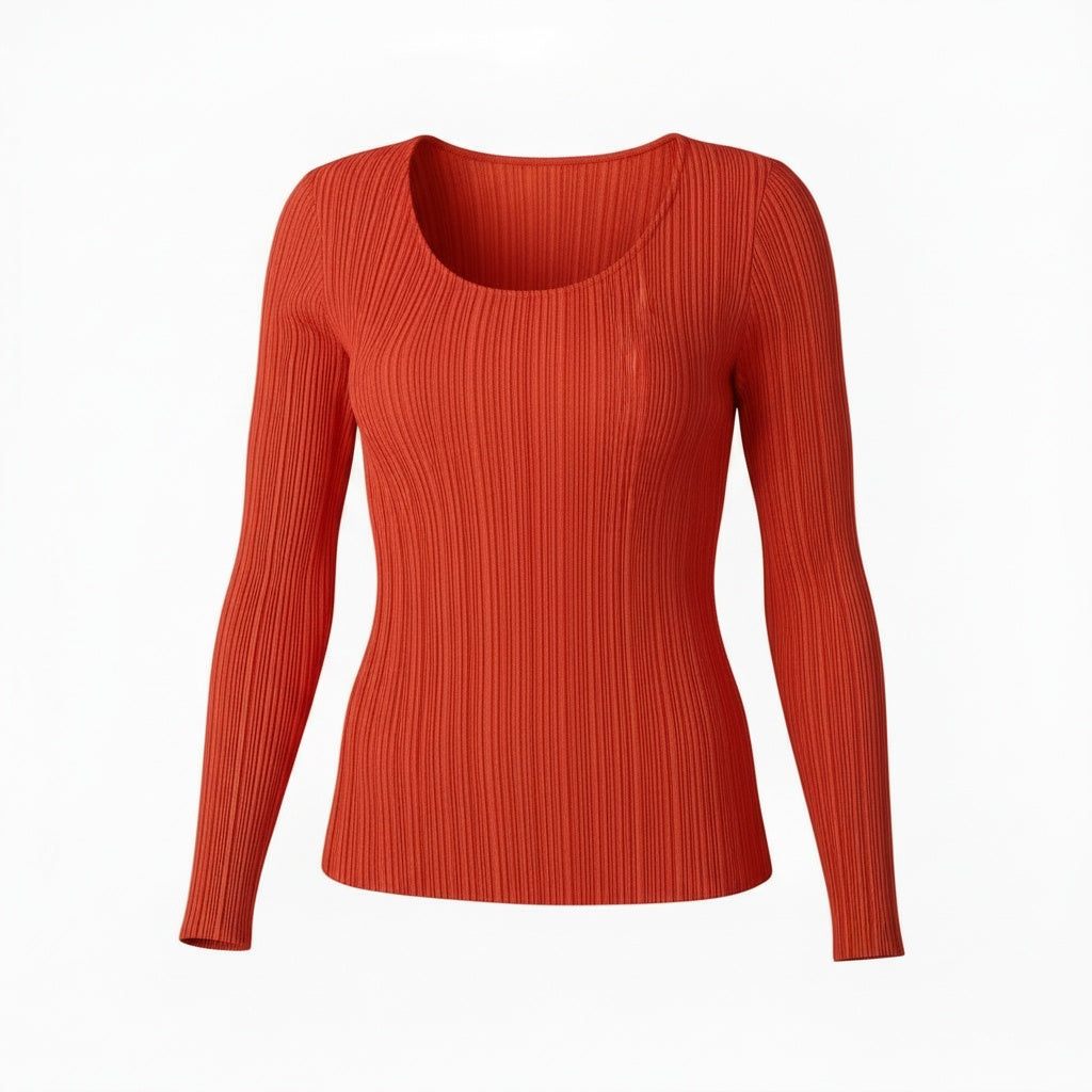 Ab5【美品】PLEATS PLEASE プリーツプリーズ プリーツカットソー ロングスリーブTシャツ トップス PP13-JK185 3サイズ オレンジ ポリエステル100％ レディース 女性用u02t