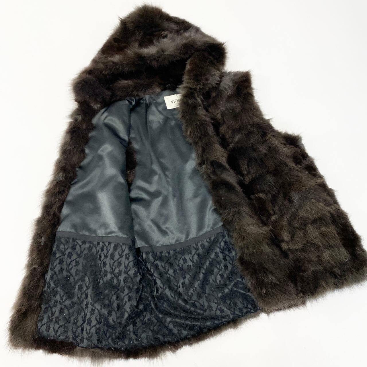 E VIOLETA ビオレタ ファーベスト 毛皮ベスト ファーコートジャケット フーディー Mサイズ ダークブラウン レディース 女性用nu1