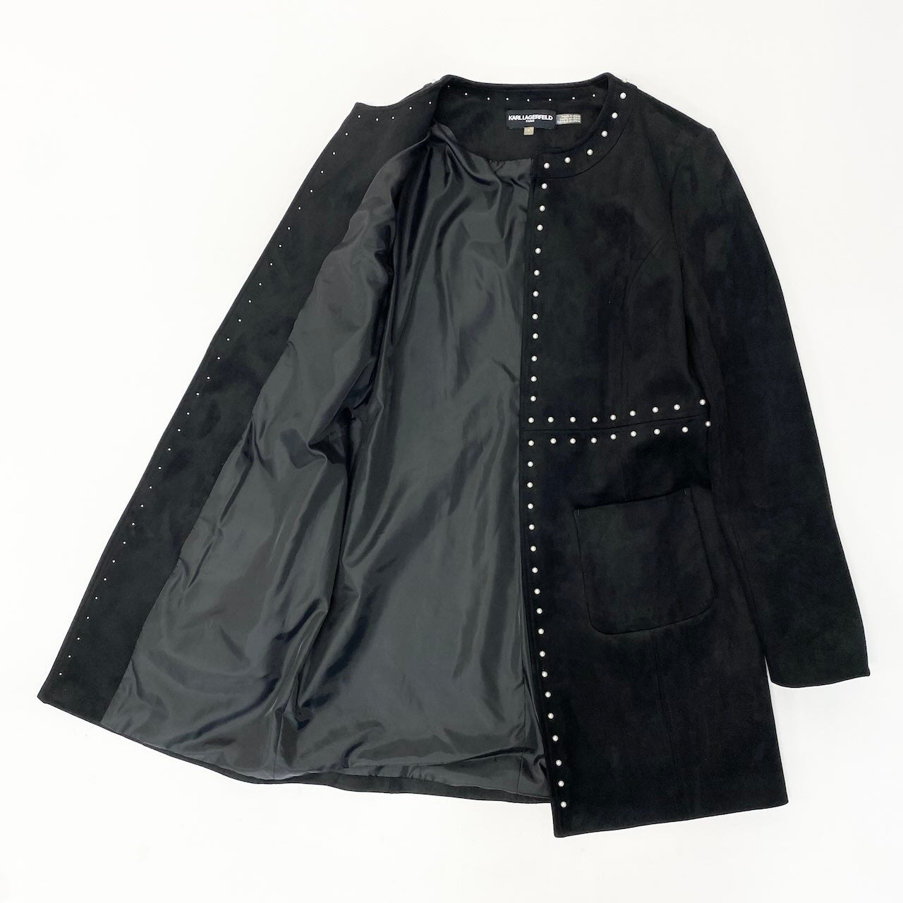 71e8 KARL LAGERFELD PARIS カール ラガーフェルド パリ ノーカラースウェードコート パール装飾 サイズ6 ブラック レディース 女性用u02t