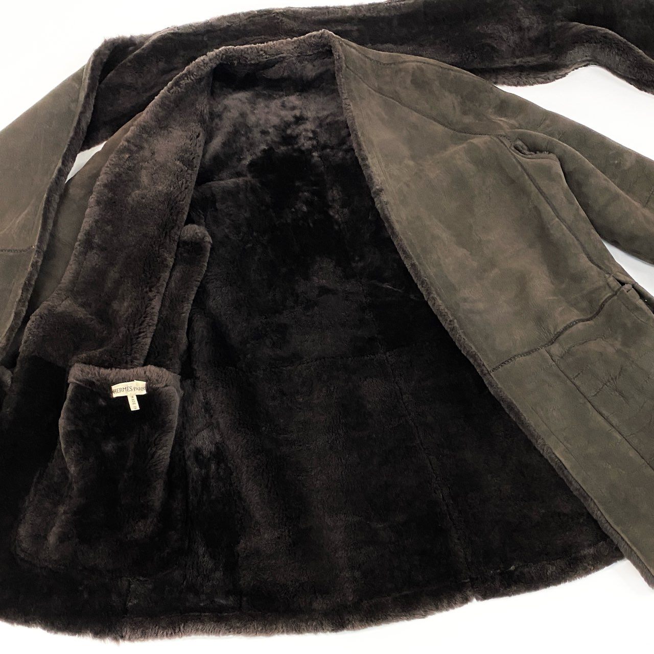 53e7 【マルジェラ期】HERMES エルメス ムートンロングコート ストールパーツ付き サイズ40 ブラウン ムートン メンズ Margiela year mouton coat 00's