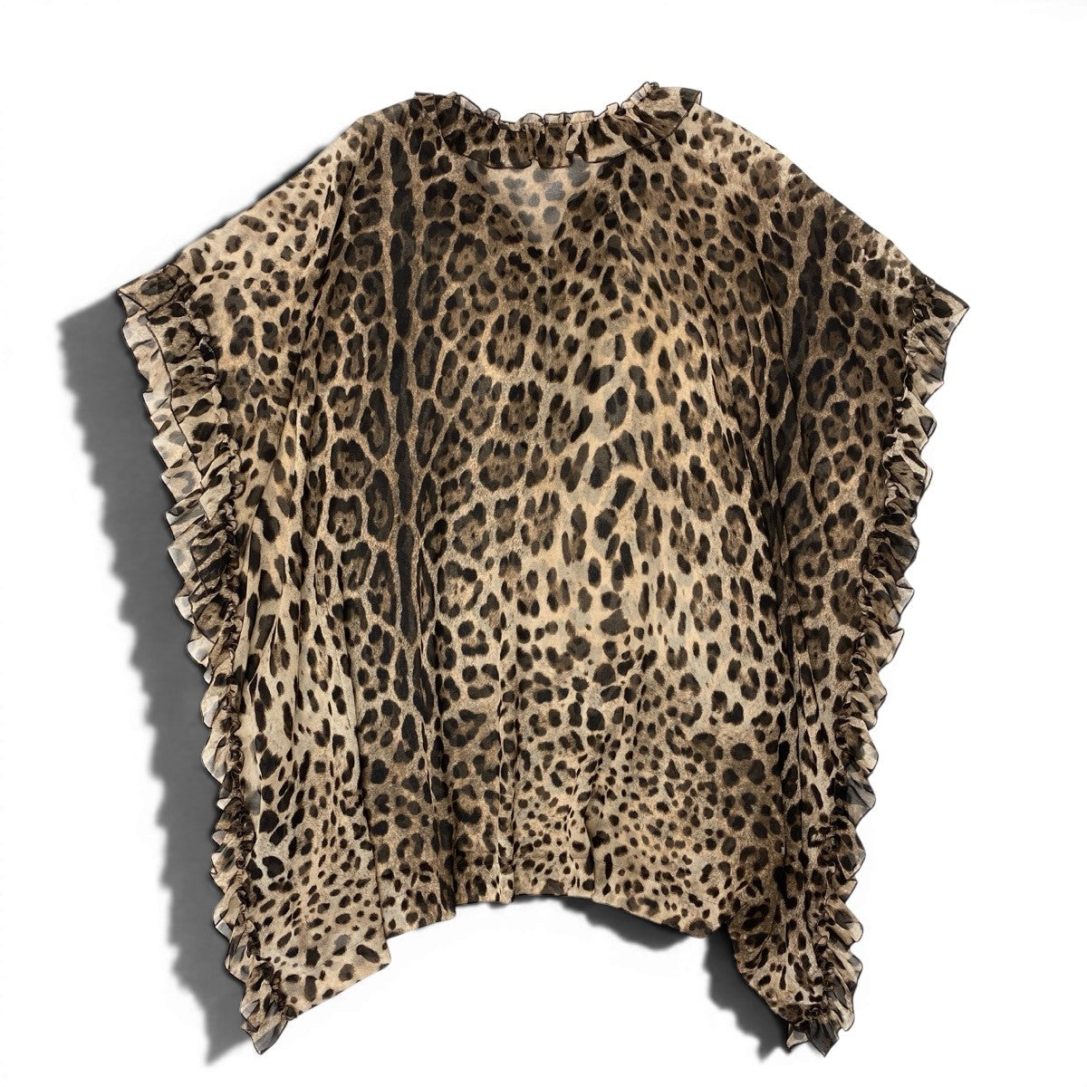Ef25 DOLCE&GABBANA チュニックブラウス ポンチョ フリル ヒョウ柄 イタリア製 ベージュ ブラウン レディース 女性用u02t