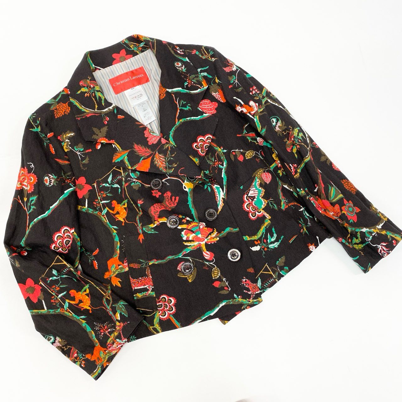 4k23 Christian Lacroix クリスチャンラクロワ セットアップスカート ダブルブレストジャケット フレアスカート 総柄 フェルトワッペン リネン混 レディース  42 ブラウンu02t