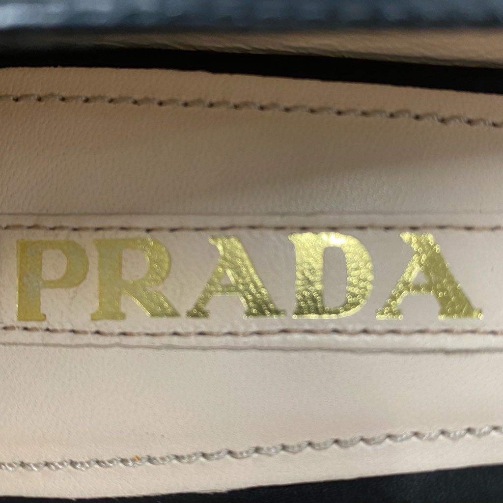 5e18 【美品】 イタリア製 PRADA プラダ CALZATURE DONNA リボン付き レザーパンプス チャンキーヒール 37 ブラック レディース 靴