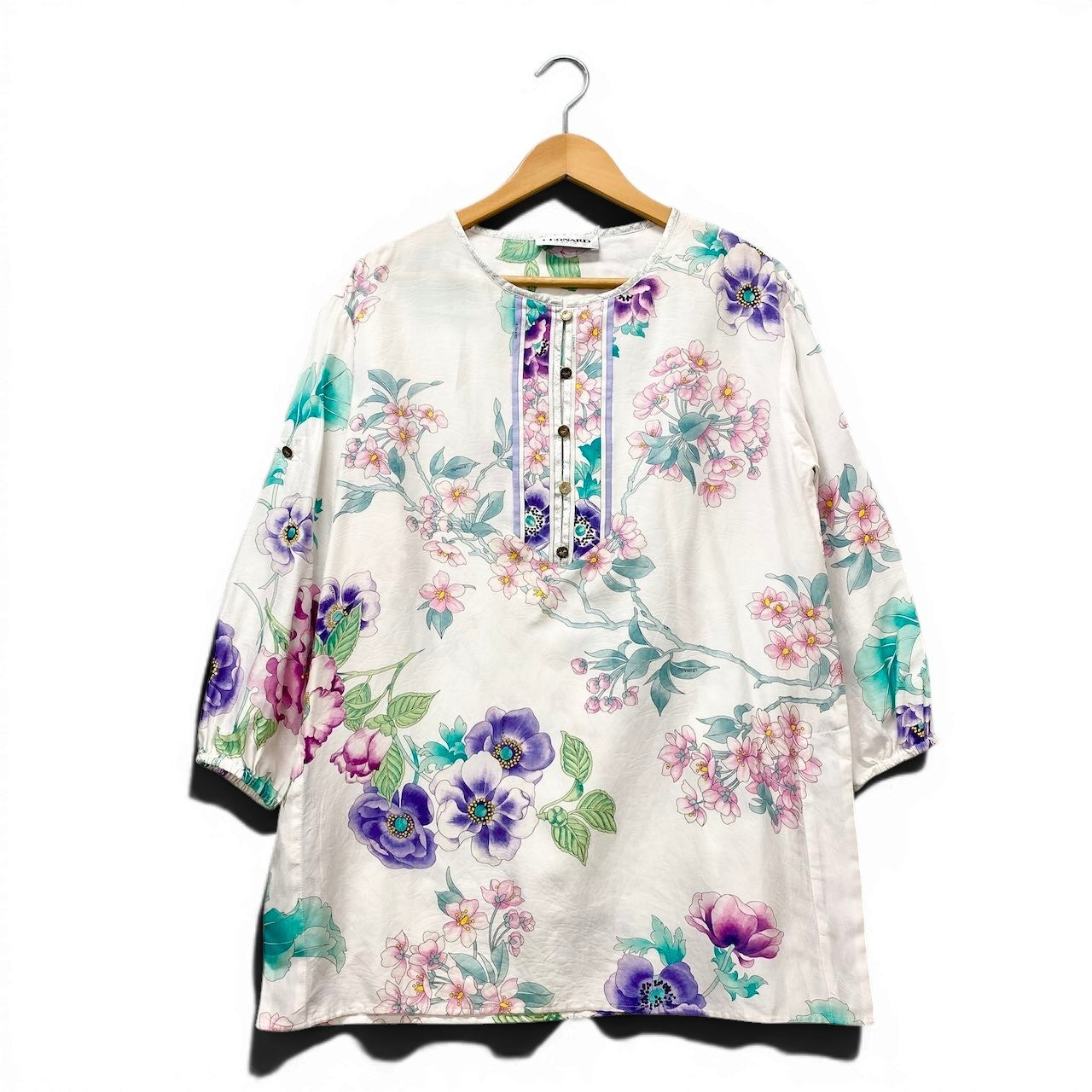 17f18 LEONARD PARIS レオナール ロングスリーブ チュニックワンピース 美しい花柄プリント コットンシルク混 サイズ36 イタリア製 ホワイト レディース 女性用u02t