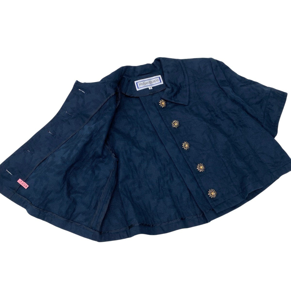 Eh10 YVES SAINT LAURENT イヴサンローラン ショートスリーブ 花柄ジャケット 飾りボタン M ネイビー コットン レディースo07t