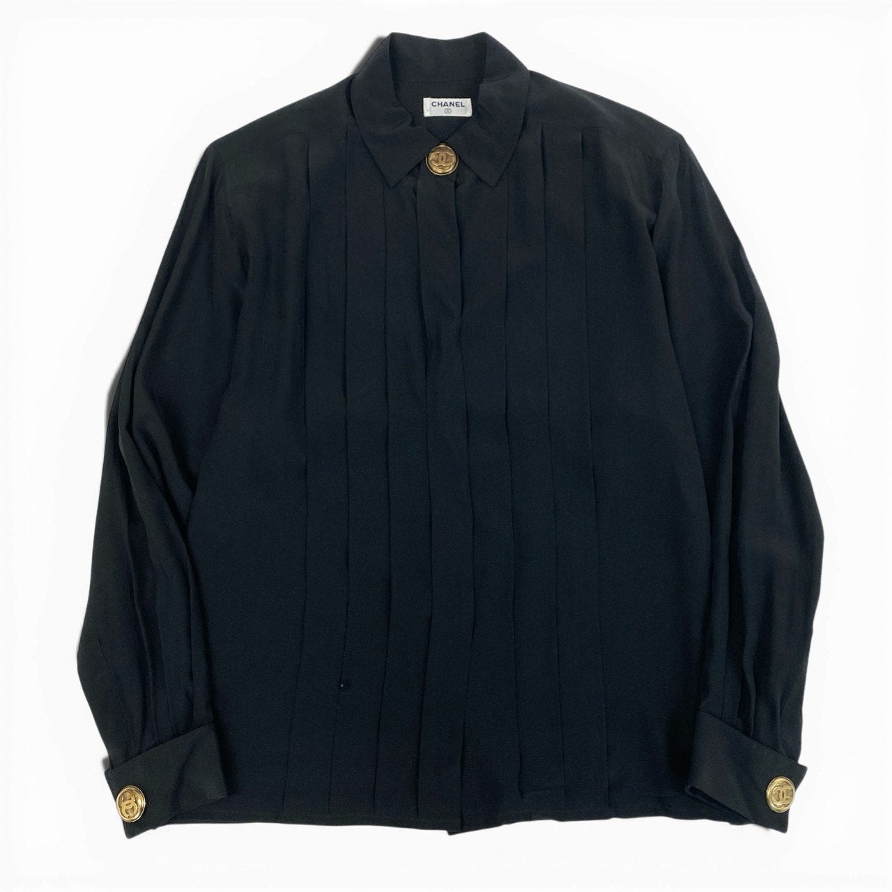 Cb15 Vintage CHANEL シャネル ココマークボタン ドレスシャツ 長袖ブラウス トップス ブラック レディースta1