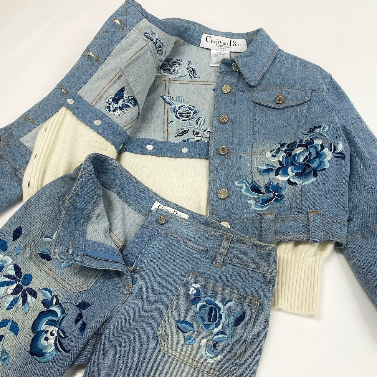 Ic24 Christian Dior クリスチャンディオール ガリアーノ期 フラワー刺繍 デニムセットアップ by Galliano Flour Embroidery Denim Setup サイズ40 / 34 インディゴブルーt18r