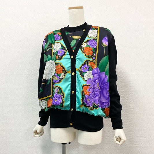 86i11 【美品】 LEONARD レオナール  ニット ナイロン切替カーディガン アンサンブル 長袖ニット 金ボタン レディース 女性用 2 ブラック グリーン マルチカラーu02t
