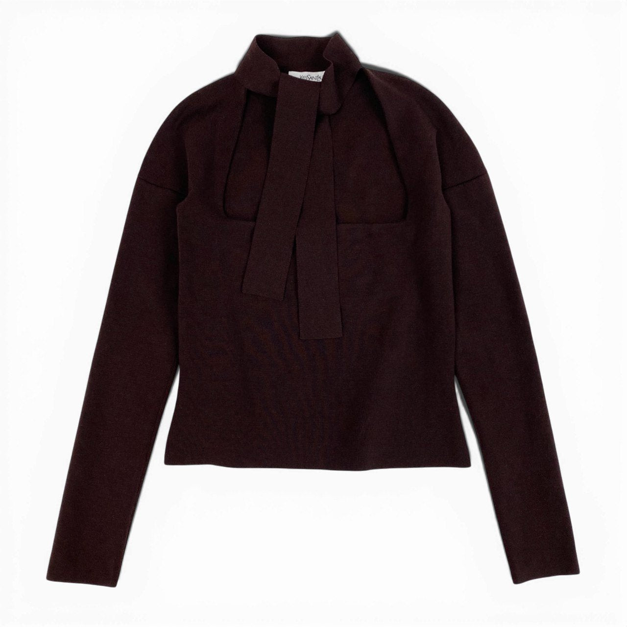 Eb26 Yves Saint Laurent rive gauche イヴサンローラン リブゴーシュ スクエアネック ボウタイ ニット トップス M ブラウン レディースu02t