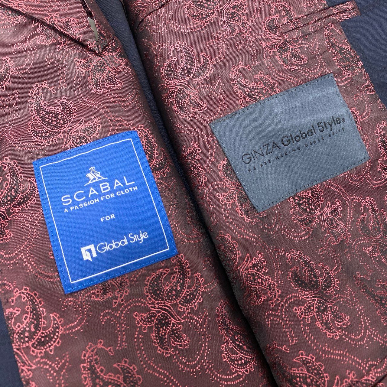 19k27 GINZA Global Style 銀座グローバルスタイル SCABAL スキャバル生地使用○ セットアップスーツ シングル 2B チェック柄 裏地ペイズリー柄  ネイビー ウール100％u02t