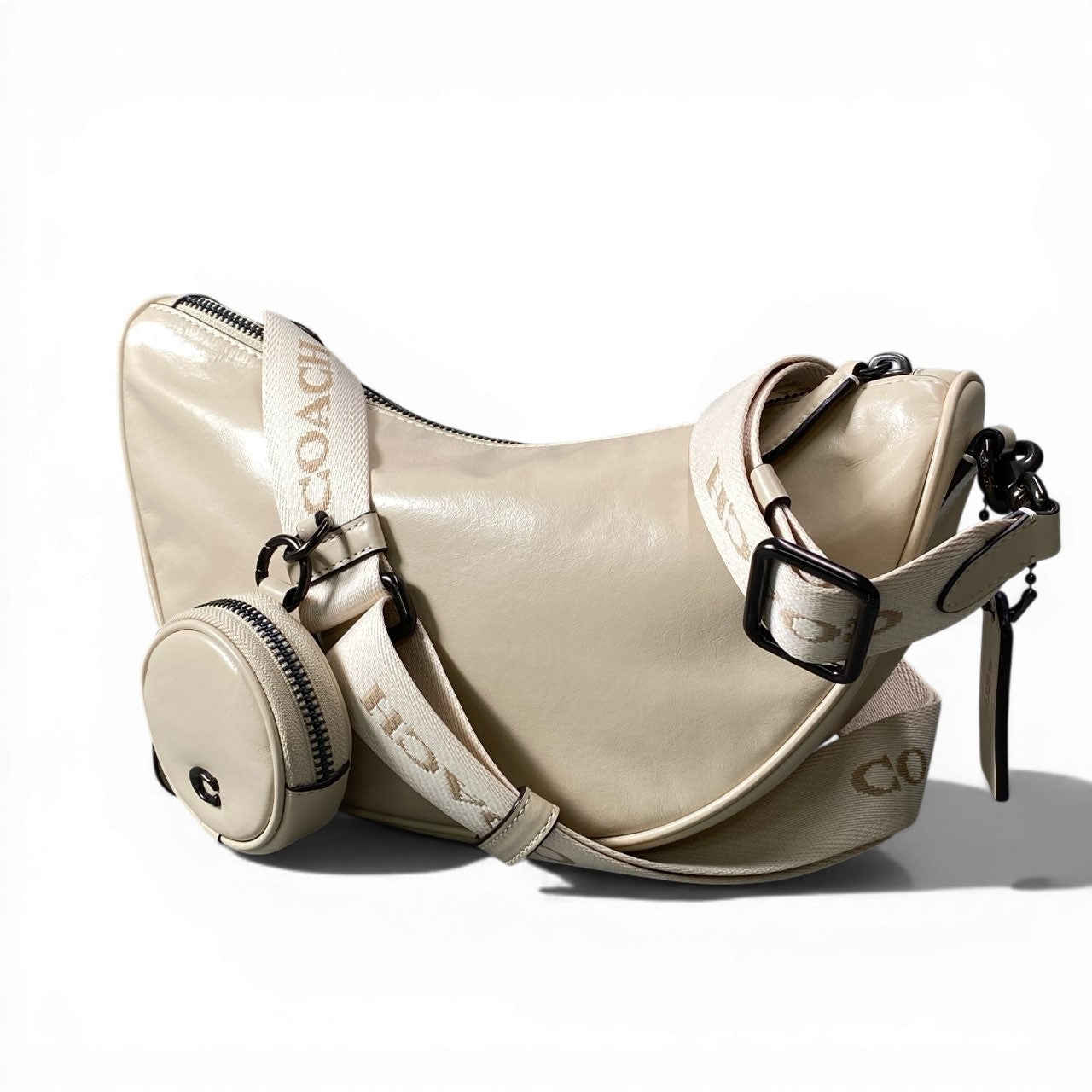 d13 《美品》 COACH コーチ ポーチ付 ホール ソフト スリングバッグ CY754 ベージュ レザー カバン Hole Sling Bagt18r