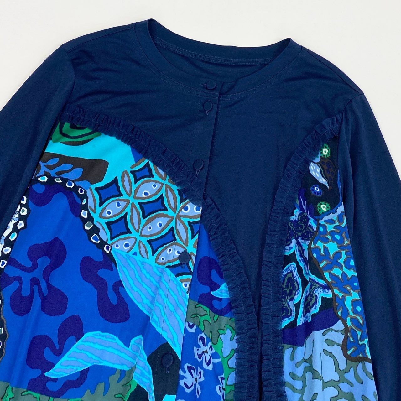 38k26 《美品》 TOKUKO 1er VOL トクコプルミエヴォル 長袖ワンピース シャツワンピース チュニック 前開き 総柄プリント 9 ブルー レディースu02t