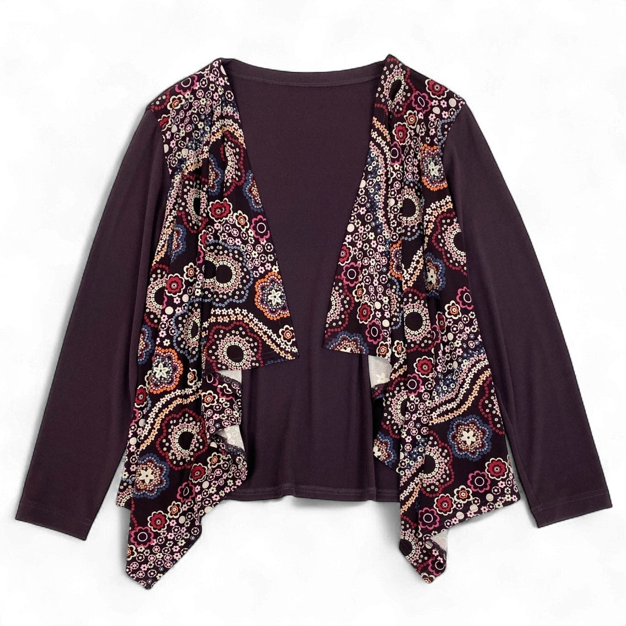 45k26 《美品》 TOKUKO 1er VOL トクコプルミエヴォル ノーカラー 長袖カーディガン 羽織 花柄プリント レディース 女性用 9 パープルu02t